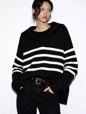 Zara Oversized Black & White Striped Henley Sweater | Big Collar | S/M